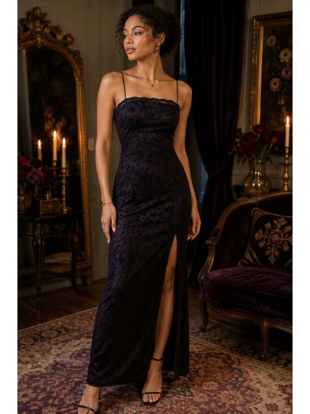 Vintage Zum Zum Niki Livas Dress 11/12 Black Purple Flocked Y2K Goth Maxi Gown